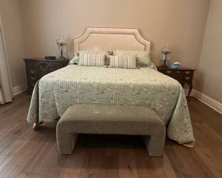 Upholstered Arched Headboard, Dark Wood Nightstands, and Waterfall Bench Bedroom Set