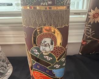 Japanese Satsuma-Style Export Vase with Pagoda Mark and Warrior Figure
