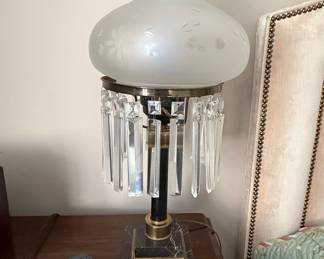 Antique Astral Lamp with Marble Base and Crystal Prisms