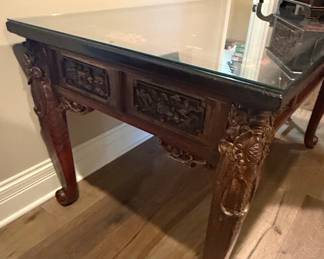 Antique Chinese Carved Rosewood Coffee Table with Black Lacquer Top