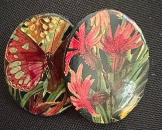 Vintage Decoupage Floral and Butterfly Wooden Brooches