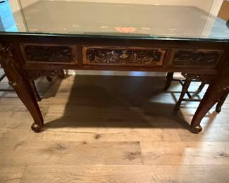 Antique Chinese Carved Rosewood Coffee Table with Black Lacquer Top