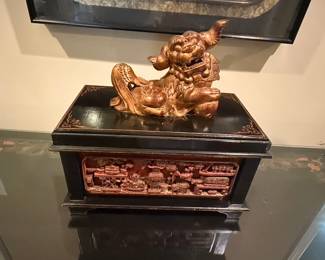 Chinese Giltwood Foo Dog on Carved Lacquered Box