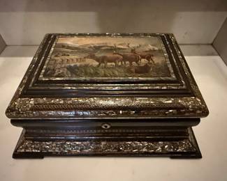 Victorian Mother-of-Pearl Inlaid Box with Painted Landscape of Deer