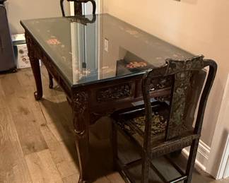 Antique Chinese Carved Rosewood Coffee Table with Black Lacquer Top