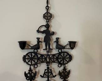 Vintage Ornate Cast Iron Wall Hanging Candle Holder with Figures and Birds