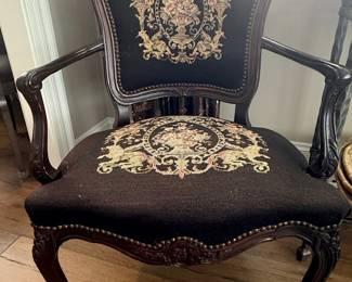 Louis XV Style Carved Wood Armchair with Floral Needlepoint Upholstery
