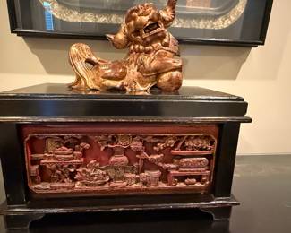 Chinese Carved Lacquered Wood Offering Box with Foo Dog