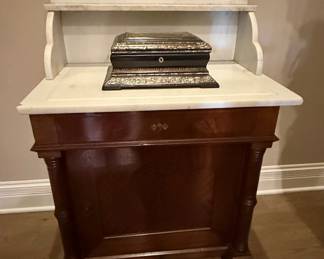 Victorian Walnut Marble-Top Washstand with Decorative Box