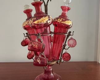 Victorian Ruby Red Glass Cruet Set with Etched Gilt Decoration
