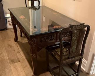 Chinese Carved Rosewood Desk and Chair Set with Glass Top and Inlay