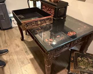 Antique Chinese Carved Rosewood and Lacquer Table with Inset Tray