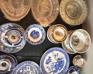 Collection of Vintage Blue Willow Transferware and Pressed Glass Tableware