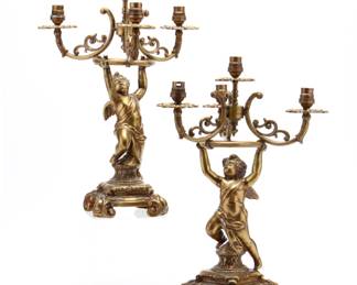 19th C, originally gas powered garden torches, gilt brass, Rococo style candelabras (pair)