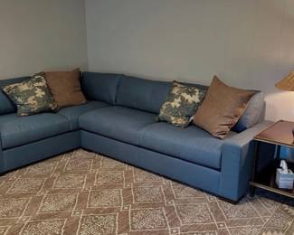 Custom RH sectional in French blue Belgian linen purchased 12/2023; mahogany library table by Ralph Lauren; 100% wool rug Lulu & Georgia 9x 12; lamp sold during first sale