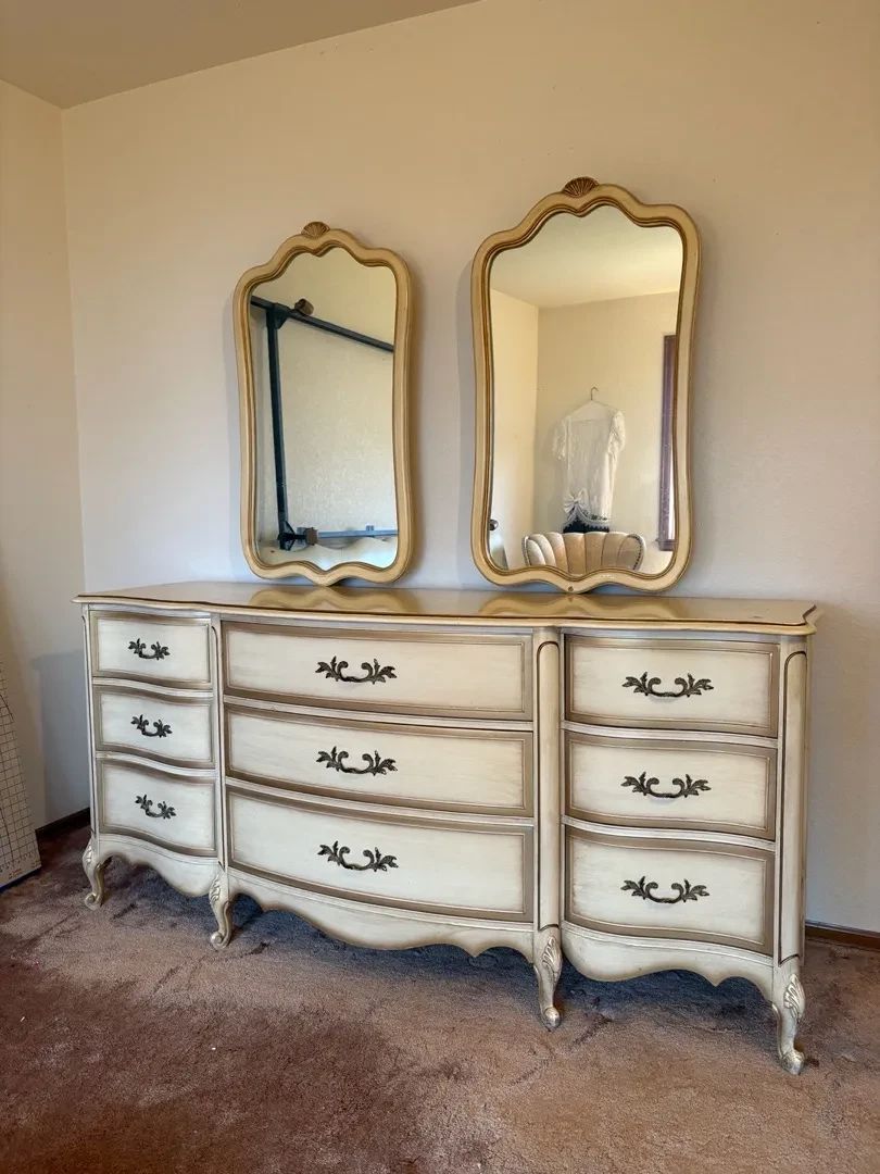 Cream And Gold Vintage Solid Wood French Provincial Dresser with Double Mirrors