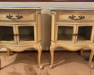 Pair Of Vintage Cream And Gold Solid Wood French Provencial Nightstands
