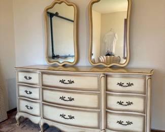 Cream And Gold Vintage Solid Wood French Provincial Dresser with Double Mirrors