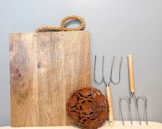 Wooden chopping board, wooden trivet,  4 prong meat and poultry lifter 