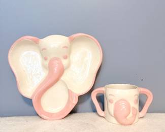 Vintage children's pink elephant divided plate and cup
