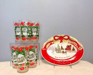 Fitz & Floyd "Home Warms the Heart" sentiment tray, Set of 6 Hazel Atlas Christmas and New years Drinking Glasses