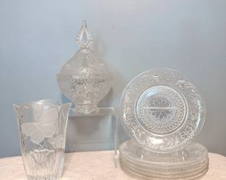 Indiana Glass Sandwich Clear Pattern Luncheon Plates, Vintage Crystal Candy Dish, Block Meadow Lead Crystal Vase