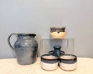 Blue glazed pitcher, two-toned glazed pottery condiment serving platter