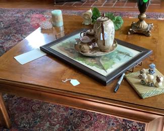 Beautiful tray with glass and handles.  Gorgeous birds in beautiful colors.  Sitting in the tray is a lovely teapot with tray , creamer and sugar dish.