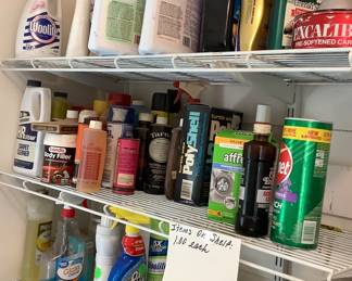 A lot of supplies in the laundry room.