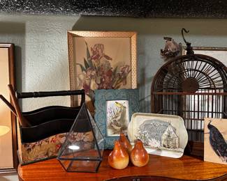 Wood bird cage, antique iris picture, terrarium