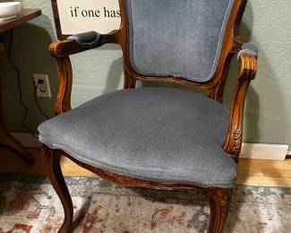 Nice slate blue upholstered chair, carved wood