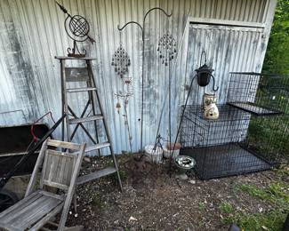 Dog crates, small and XL, shepherds hooks, yard decor, wood ladder, lawn chair