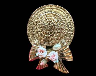 1928 Brand Straw Hat with Rose and Faux Pearl Gold Tone Pin Brooch 