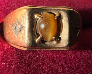 1960's Vintage Mens Tigers Eye & Diamond Ring 10K Solid