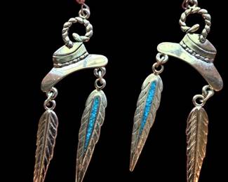 Vintage Southwestern Crushed Turquoise Feather Dangle Earrings 