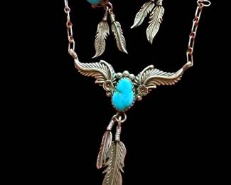 STERLING SILVER SLEEPING BEAUTY TURQUOISE NAVAJO NECKLACE and earrings 