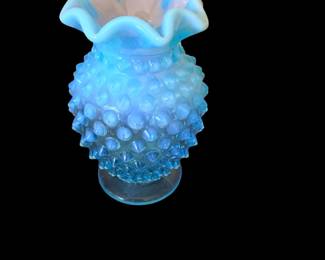Fenton Hobnail Vase Blue Opalescent Crimped Rim 3.5" Tall Vintage