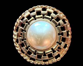Vintage Gold Tone Faux Pearl Brooch Large 1980s Costume Jewelry