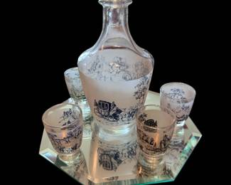 Vintage French Liqueur Decanter Set, Verrerie D’Arques, Carriage & Ship Scenes