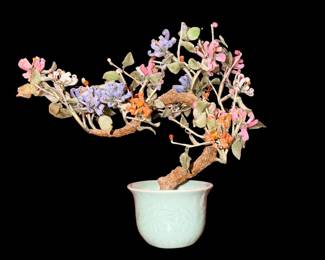 Chinese Glass and Wood Faux Bonsai Tree in White Celadon Pot