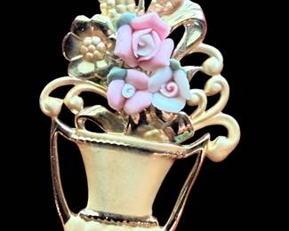 Vintage AJC Brooch Pin Floral Bouquet In Vase Porcelain Gold Tone Victorian