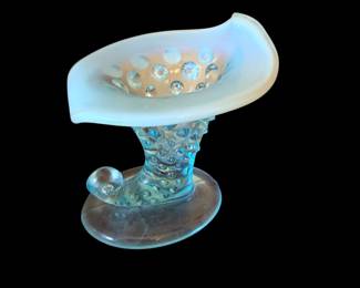  Vintage Blue Opalescent Fenton Hobnail Cornucopia