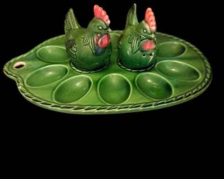 Vintage Green Deviled Egg plate with Rooster Salt and Pepper shakers, Green Roosters, made in Japan