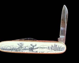 POCKET KNIFE BARLOW SCRIMSHAW CARVED PAINTED ART MOOSE PAIR PENKNIFE