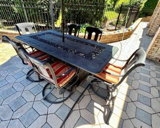 Metal Craft patio table with 6 chairs, cushions, umbrella and stand