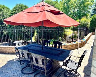 Metal Craft patio table with 6 chairs, cushions, umbrella and stand