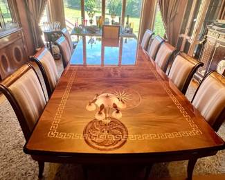 Stunning Italian dining table with inlay design - 12 chairs - table is 1 piece 