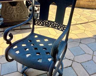 Metal Craft patio table with 6 chairs, cushions, umbrella and stand