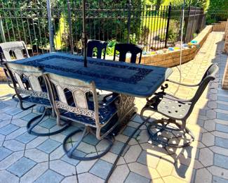 Metal Craft patio table with 6 chairs, cushions, umbrella and stand