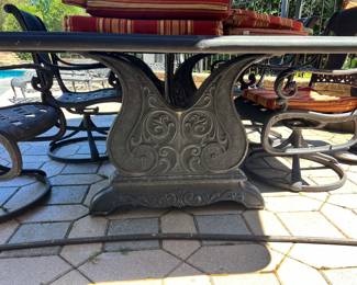 Metal Craft patio table with 6 chairs, cushions, umbrella and stand